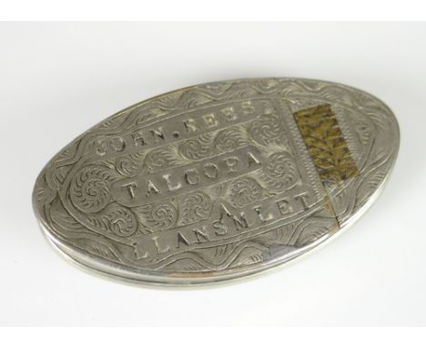 A VICTORIAN CONCAVE WHITE METAL SNUFF BOX having a hinging lid engraved in block capitals 'John Rees, Talcopa, Llansamlet', t