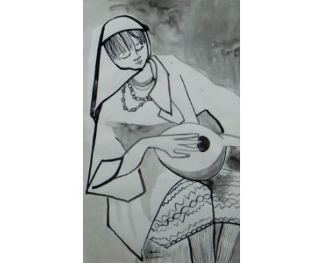CLAUDIA WILLIAMS inkwash - study of a seated figure playing a stringed instrument, entitled verso 'Girl with Mandolin', signe