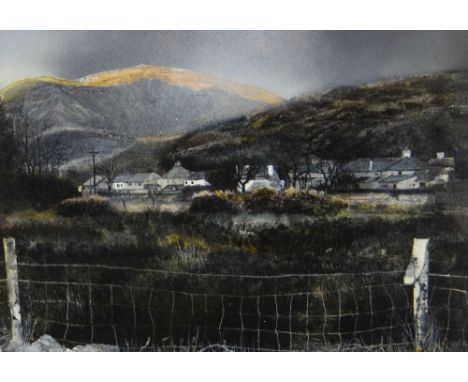 DARREN HUGHES mixed media - Snowdonia landscape with village and barbed wire fence, entitled verso 'Light Over Mynydd Mawr', 