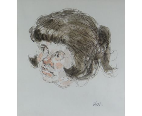 SIR KYFFIN WILLIAMS RA mixed media drawing - head portrait of an unknown girl, signed with initials, 23 x 22cms (framed and g