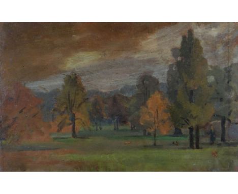 ALLAN GWYNNE JONES CBE DSO RA (1892-1982) oil on board - figure with Corgi dogs in a landscape garden with trees, entitled ve