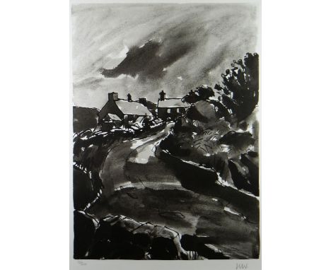 SIR KYFFIN WILLIAMS RA limited edition (90/250) inkwash print - cottages in a lane, signed with initials, 56 x 40cms (framed 