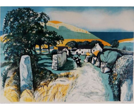 JOHN ELWYN artist proof (20/20) colour lithograph - farm with cows in the lane and hill in the distance, signed in pencil, 41