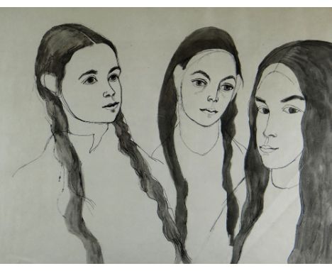 BRENDA CHAMBERLAIN pen and ink - portrait study of three girls with Tegfryn Art Gallery label verso certifying the picture, 3