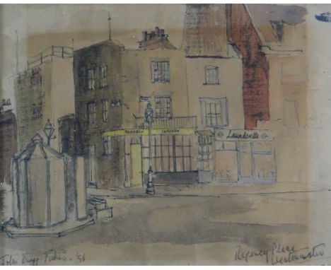 JOHN KNAPP-FISHER mixed media - early period sketch of a street, entitled 'Regency Place, Westminster', signed and dated 1956
