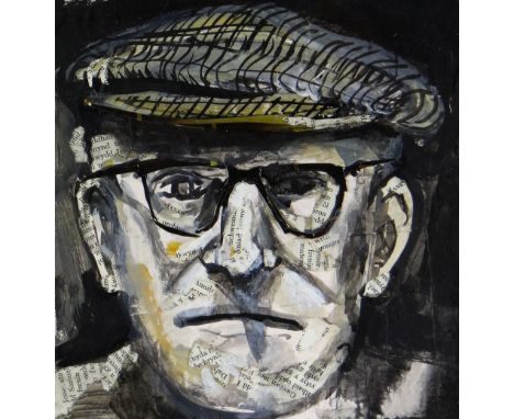 LUNED RHYS PARRI mixed media on canvas - portrait study of farmer with cap and spectacles, entitled 'Portrait', signed and da
