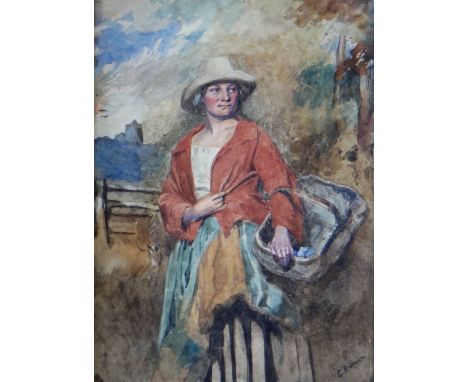 EDWARD DUNCAN watercolour - portrait of a standing female harvester figure with basket, entitled verso on old label 'Welsh Ma