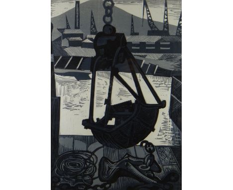ARTHUR CHARLTON (1917-2007) linocut in black, white and grey - Swansea industrial scene, entitled 'The Grab', signed and date