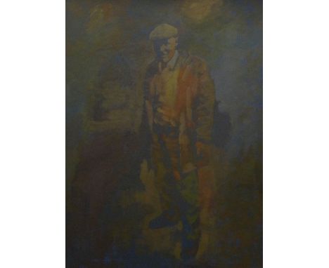 ANEURIN JONES oil on board - full portrait of a single standing farmer, signed, 59 x 44cms (framed and unglazed)