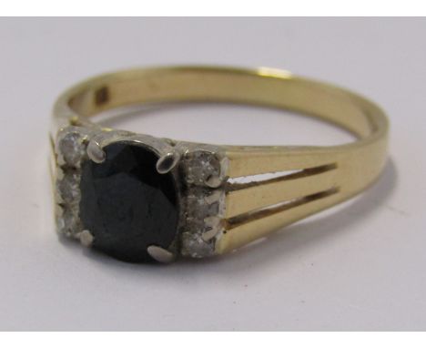 14ct gold sapphire ring with diamond set shoulders - ring size R -&nbsp; 3.45g