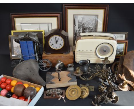 Pair 20th century pilot's flight goggles, Bush retro radio, Smiths bakelite mantel clock (missing glass), leather Gladstone b
