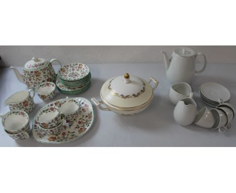 Minton Haddon Hall part tea service to include, 1 cake plate, 6 tea saucers, 5 tea cups, sugar bowl, milk jug, teapot, 5 tea 