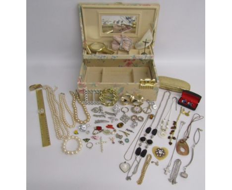 Costume jewellery includes rings, brooches, necklaces, hair accessories,&nbsp; also possibly amber ring, ruler, cufflinks etc