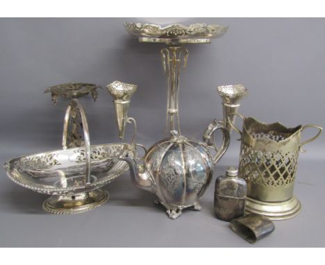Silver plate table centre pieces, decorative teapot, twin handled pierced vase (missing liner) and Hawksley hip flask&nbsp;