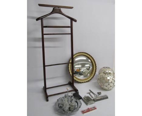 Convex mirror, gentleman's valet stand, lamp shades, Parker pen, nail kit, Acme whistle, silver plate and a flask etc&nbsp;