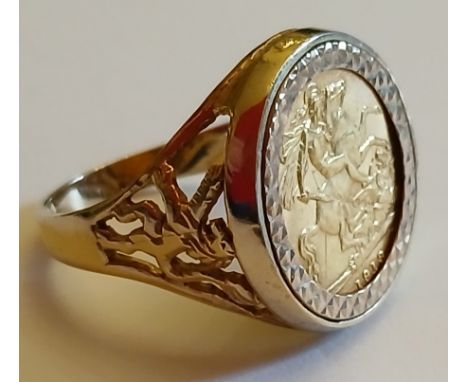 9ct gold Gents ring marked 375 set with George V 1919 half sovereign, size Z, 10.9g  