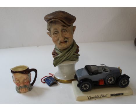 Carlton Ware "quality first" Bull-Nose Morris, ceramic mans head and small Sandland ware character cup
