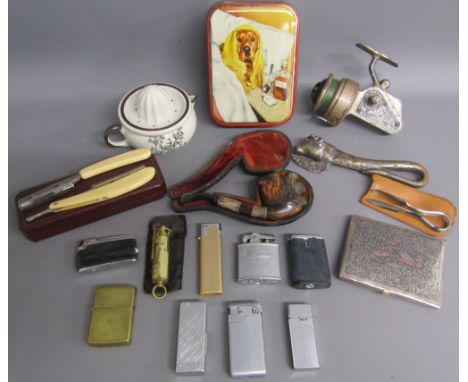 Collection of lighters including Zippo, Sharp, Ronson, terrier head pipe, RAF cigarette case, Bewlay reamer/tobacco tweezers,