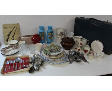 Collection of ceramic plates, including collector plates, glassware and vases, jugs, bowls, cutlery including large amounts o