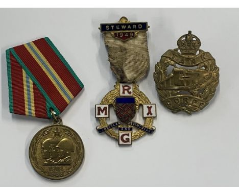 Tank Corp badge, Cumberland and West Morland Steward 1949 pin &amp; USSR 70 Years of the Red Army 1988 medal