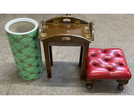 Ceramic stick stand, small butler's tray coffee table &amp; a leather footstool