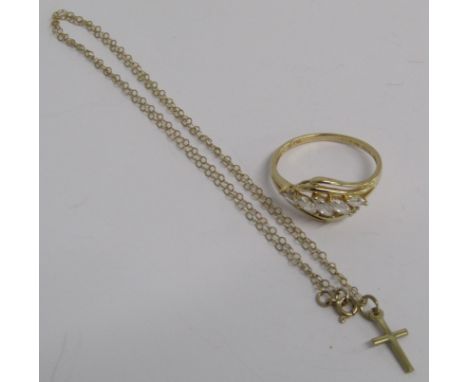 585 14kt QVC gold ring with Cubic Zirconia stones - ring size S - 2.21g and 9ct chain with cross pendant .66g