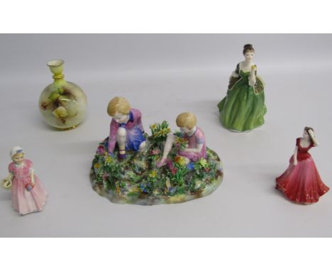 Royal Worcester hand painted vase, Crown Staffordshire "Picking Flowers" figure group (some light damage), Royal Doulton Tink