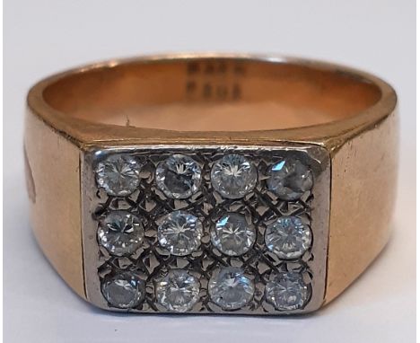 Gents gold ring - tests as 9ct gold - set with 12 diamonds, approx. 0.45ct - ring size 2 - 22.7g