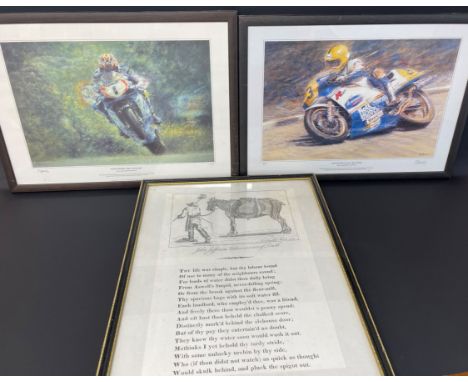 2 limited edition Peter Hearsey prints of motorcycle racers David Jefferies &amp; Joey Dunlop &amp; a reprint of the Louth wa