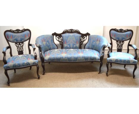 Early 20th century Art Nouveau salon suite comprising sofa and pair of armchairs, fully restored in 2003 in Backhausen fabric