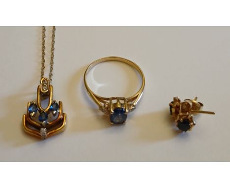 14ct gold & sapphire set comprising pair of earrings, pendant on chain & ring size O, total 5.7g 