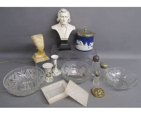 Collection of items includes Chopin plaster bust, jasperware hunting biscuit barrel, onyx Egyptian head lamp, brass rose pape