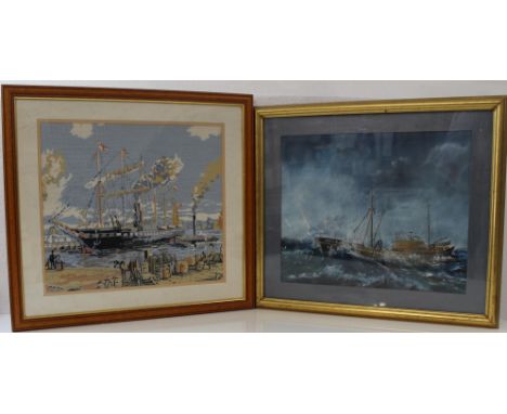 Oil painting on board of the trawler Carlisle by Scottish artist G Murray 62cm x 53cm and framed needlework/tapestry of shipy
