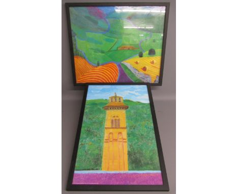 2 framed David Hockney prints 'Tower Saltaire' 45cm x 71cm &amp; 'South Yorkshire' 63cm x 53cm (measurements approx.)&nbsp;