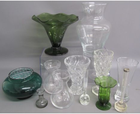 Collection of vases includes King &amp; Sons 1900 silver topped bud vase, green glass, bulb vases, etc also Wedgwood candlest