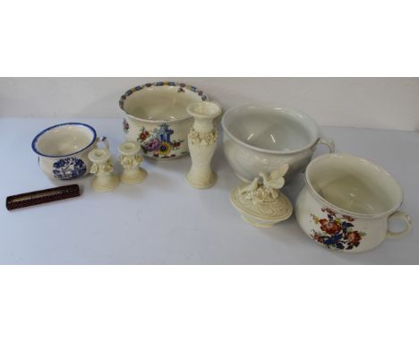 4 chamber pots, cream ware style candlesticks, vase and lidded pot with doves and boxed pickle fork