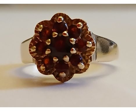 9ct gold garnet cluster ring, size P, 3.0g 