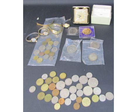 Assorted watches including Rotary, Avia, Perona and Sekonda having small 9ct St Christopher pendant, as well as world currenc