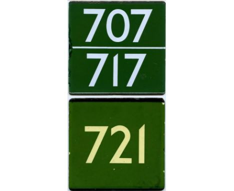 London Transport coach stop enamel E-PLATES for Green Line coach routes 707/717 (1970s, between Baker St & Golders Green) and