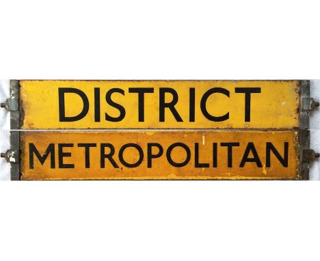 London Underground ENAMEL DESTINATION PLATE from an O/P/Q-stock car reading 'District' on one side and 'Metropolitan' on the 