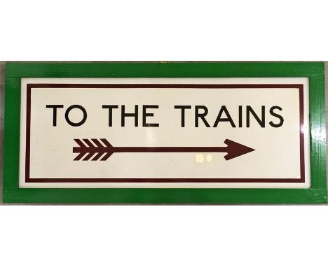 London Underground ENAMEL SIGN 'TO THE TRAINS' featuring a 4-flight arrow and thus believed to date from the late 1920s/early