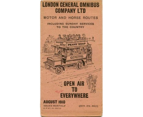London General Omnibus Company Ltd fold-out LEAFLET of Motor and Horse Routes dated August 1910 from the monthly series which
