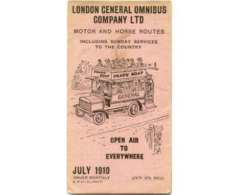 London General Omnibus Company Ltd fold-out LEAFLET of Motor and Horse Routes dated July 1910 from the monthly series which r
