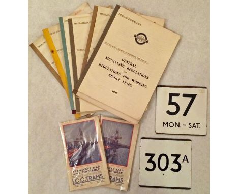 London Transport/LCC Tramways items comprising 2 x Nov 1931 LCC Tram MAPS, enamel E-PLATES for routes 57 Mon-Sat and 303A and