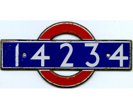 Enamel 'bullseye' STOCK-NUMBER PLATE from 1938 London Underground P-stock driving motor car (D-end) 14234. These plates were 