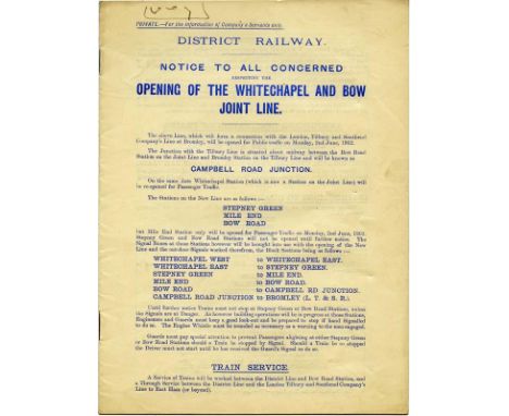 1902 District Railway WORKING NOTICE no 66 in respect of the opening of the Whitechapel & Bow Joint Line on 2nd June 1902. An