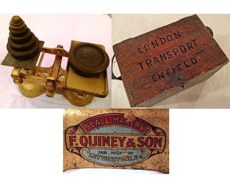 A London Transport SET OF SCALES made by F Quiney & Sons, Leytonstone, E11 including assorted weights. Wooden carrying case i