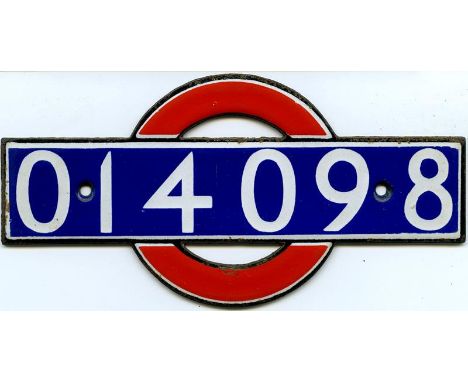 Enamel 'bullseye' STOCK-NUMBER PLATE from 1938 London Underground P-stock, later COP, trailer (D-end) 014098. These plates we