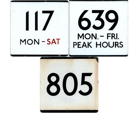 Selection of London Transport enamel bus stop E-PLATES comprising 117 Mon-Sat ('Sat' in red, vinyl sticker for N29 Night on r