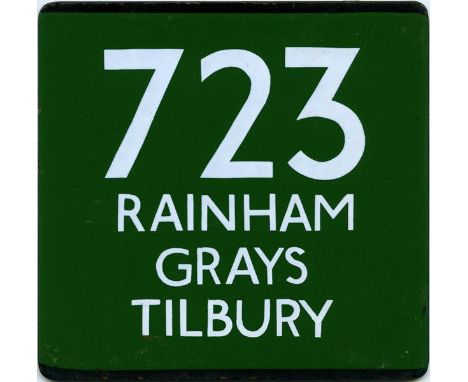 London Transport enamel coach stop E-PLATE for Green Line route 723 destinated Rainham, Grays, Tilbury. This plate would prob